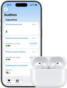 AirPods Pro 3 dans le Boîtier de charge MagSafe, iPhone 17 Pro, texte à l’écran : Appareil auditif