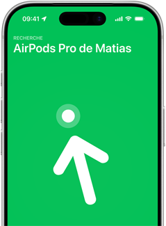 iPhone 17 Pro, écran Localiser avec Localisation précise, texte : AirPods Pro de Matias