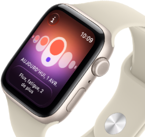 Apple Watch SE 3, boîtier en aluminium, lumière stellaire, Suivi de cycle avec différents symptômes menstruels, côté droit, Digital Crown, bouton latéral, Bracelet Sport, sable