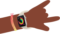 Illustration de deux bras d’enfants portant chacun une Apple Watch SE 3, l’une affichant l’app Activité, l’autre l’app Messages