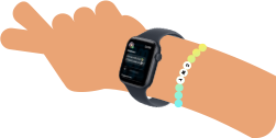 Illustration de deux bras d’enfants portant chacun une Apple Watch SE 3, l’une affichant l’app Activité, l’autre l’app Messages