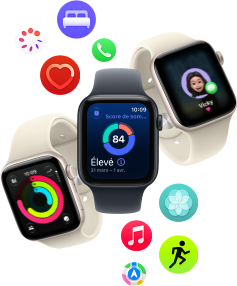 Trois Apple Watch SE 3 flottent les unes à côté des autres : l’une affichant les anneaux Activité, une autre affichant le score de sommeil et la dernière montrant la réception d’un SMS