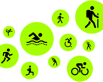 Icônes Exercice, personnages en train de courir, marcher, nager, se déplacer en fauteuil, randonner, faire du vélo, faire des fentes, danser, s’étirer et faire du yoga