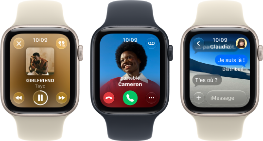 Trois Apple Watch SE 3 côte à côte, l’une affichant l’app Apple Music, une autre un appel entrant, et la troisième un échange dans Messages