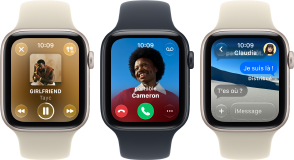 Trois Apple Watch SE 3 côte à côte, l’une affichant l’app Apple Music, une autre un appel entrant, et la troisième un échange dans Messages