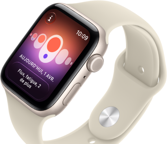 Apple Watch SE 3, boîtier en aluminium, lumière stellaire, Suivi de cycle avec différents symptômes menstruels, côté droit, Digital Crown, bouton latéral, Bracelet Sport, sable