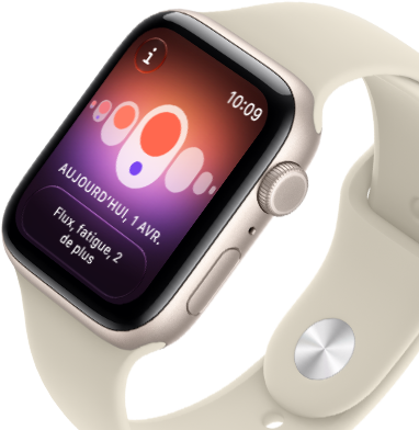 Apple Watch SE 3, boîtier en aluminium, lumière stellaire, Suivi de cycle avec différents symptômes menstruels, côté droit, Digital Crown, bouton latéral, Bracelet Sport, sable