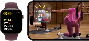 Apple Watch à côté d’un iPhone affichant une séance Apple Fitness+