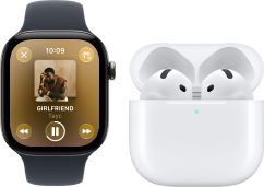 Apple Watch Series 12, boîtier en aluminium, noir, Bracelet Sport noir, app Apple Music ouverte, jumelée à des AirPods 4