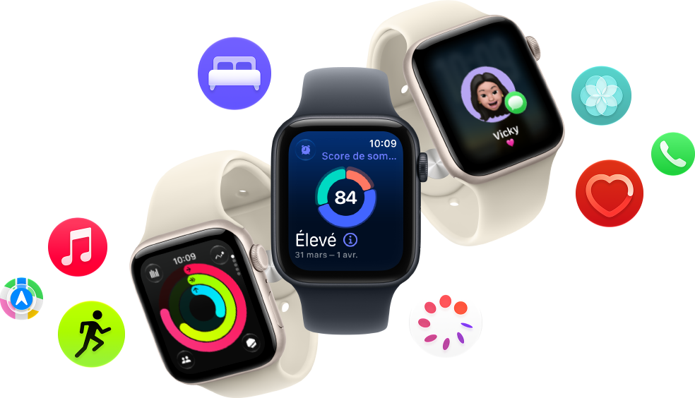 Trois Apple Watch SE 3 flottent les unes à côté des autres : l’une affichant les anneaux Activité, une autre affichant le score de sommeil et la dernière montrant la réception d’un SMS