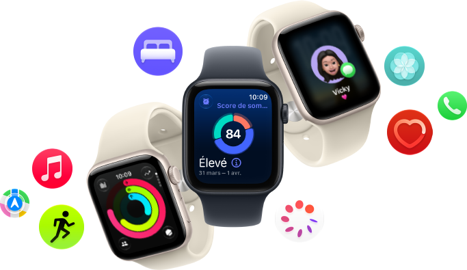 Trois Apple Watch SE 3 flottent les unes à côté des autres : l’une affichant les anneaux Activité, une autre affichant le score de sommeil et la dernière montrant la réception d’un SMS