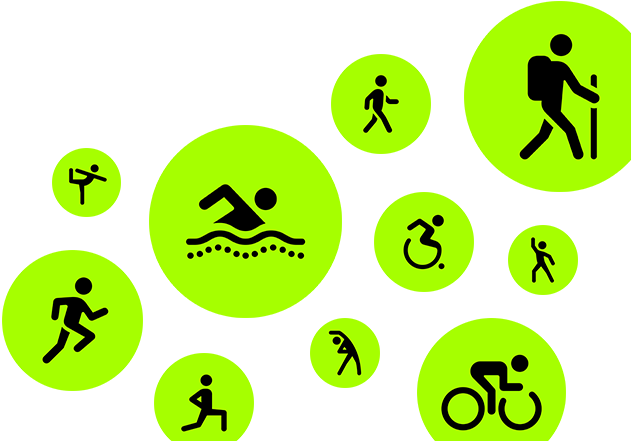 Icônes Exercice, personnages en train de courir, marcher, nager, se déplacer en fauteuil, randonner, faire du vélo, faire des fentes, danser, s’étirer et faire du yoga