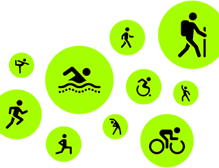 Icônes Exercice, personnages en train de courir, marcher, nager, se déplacer en fauteuil, randonner, faire du vélo, faire des fentes, danser, s’étirer et faire du yoga