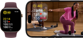 Apple Watch à côté d’un iPhone affichant une séance Apple Fitness+