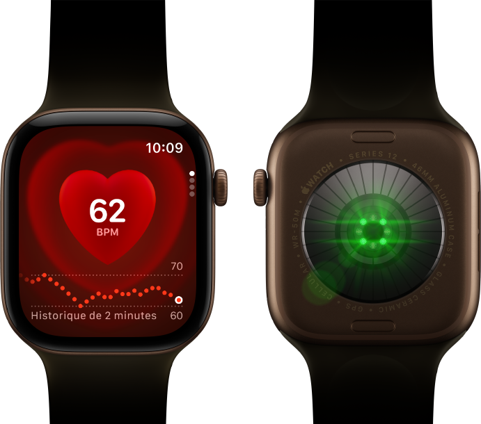 Deux Apple Watch Series 12, boîtier en aluminium, bronze sombre avec Bracelet Sport olive, l’une affichant l’app Fréquence cardiaque, l’autre montrant le Système de suivi de santé à l’arrière de la montre, avec des LED vertes lumineuses