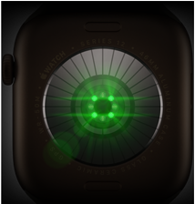 Dos d’une Apple Watch Series 12, boîtier en aluminium, bronze sombre, plusieurs capteurs ronds émettant des lueurs LED vertes, côté gauche, Digital Crown, Bracelet Sport, olive