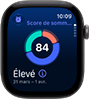 Apple Watch Series 12, boîtier en aluminium, gris sidéral, graphique circulaire du score de sommeil, côté droit, Digital Crown