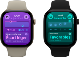 Deux Apple Watch Series 12 : boîtier en aluminium, or clair, Signes vitaux diurnes en écart léger, Digital Crown, Bracelet Sport sable, boîtier en aluminium, noir, Signes vitaux nocturnes favorables, Digital Crown, Bracelet Sport noir