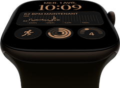 Apple Watch Series 12, boîtier en aluminium, bronze sombre, cadran Modulaire, complications : jour et date, Exercices, anneaux Activité, Apple Music, côté droit, Digital Crown, Bracelet Sport, olive