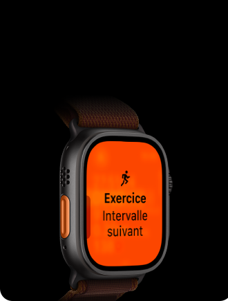 Apple Watch Ultra 4, boîtier en titane, noir, exercice Course à pied, intervalle suivant, côté gauche, bouton Action orange, Boucle Alpine
