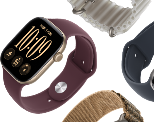 Bracelets Apple Watch Series 11 : Bracelet Sport brume violette, Bracelet Océan bleu maritime, Boucle Alpine bleu clair