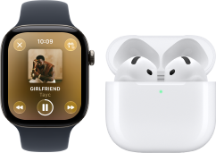 Apple Watch Series 12, boîtier en aluminium, noir, Bracelet Sport noir, app Apple Music ouverte, jumelée à des AirPods 4