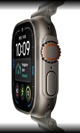 Apple Watch Ultra 4, boîtier en titane, finition naturelle, cadran numérique, complications : Préparation, Fréquence cardiaque, Exercices, Température, côté droit, Digital Crown, bouton latéral en saillie, Bracelet Océan, gris translucide