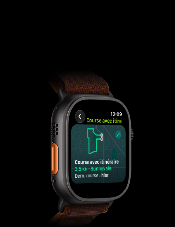 Apple Watch Ultra 4, boîtier en titane, noir, fonctionnalité Course avec itinéraire avec une carte d’un parcours de course à pied, côté gauche, bouton Action, Boucle Alpine, bordeaux