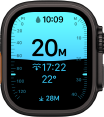 Apple Watch Ultra 4, boîtier en titane, noir, app Profondeur montrant des données de plongée, côté droit, Digital Crown, bouton latéral en saillie