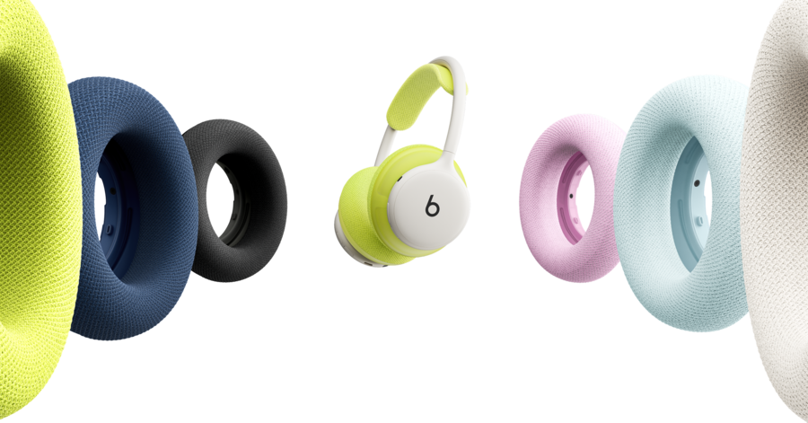 Coussinets Beats 360 interchangeables en plusieurs coloris, disposés en éclaté autour d’un casque citron vert