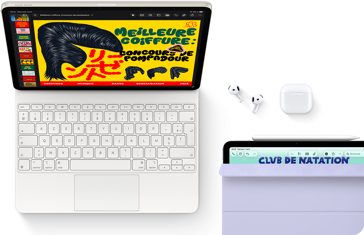 iPad Air, coloris lumière stellaire, écran affichant des graphismes colorés, fixé à un Magic Keyboard, à côté des accessoires Airpods Pro et Apple Pencil Pro
