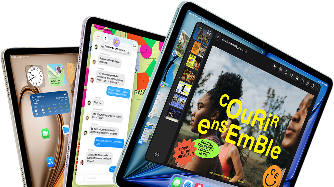 Trois écrans d’iPad Air disposés en éventail, coloris bleu, mauve, lumière stellaire, vue avant, vue latérale, écrans affichant les apps Keynote, Messages et l’écran d’accueil