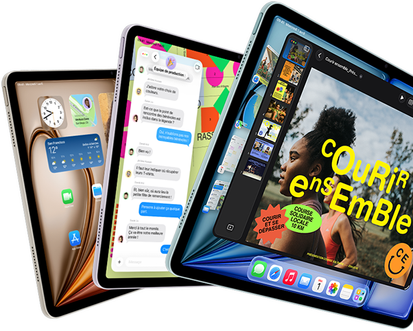 Trois écrans d’iPad Air disposés en éventail, coloris bleu, mauve, lumière stellaire, vue avant, vue latérale, écrans affichant les apps Keynote, Messages et l’écran d’accueil