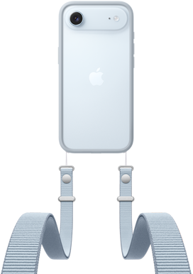 iPhone Air, face arrière, coloris bleu ciel, système caméra Fusion vers le haut, logo Apple centré, dans une coque Bumper gris clair attachée à une Bandoulière
