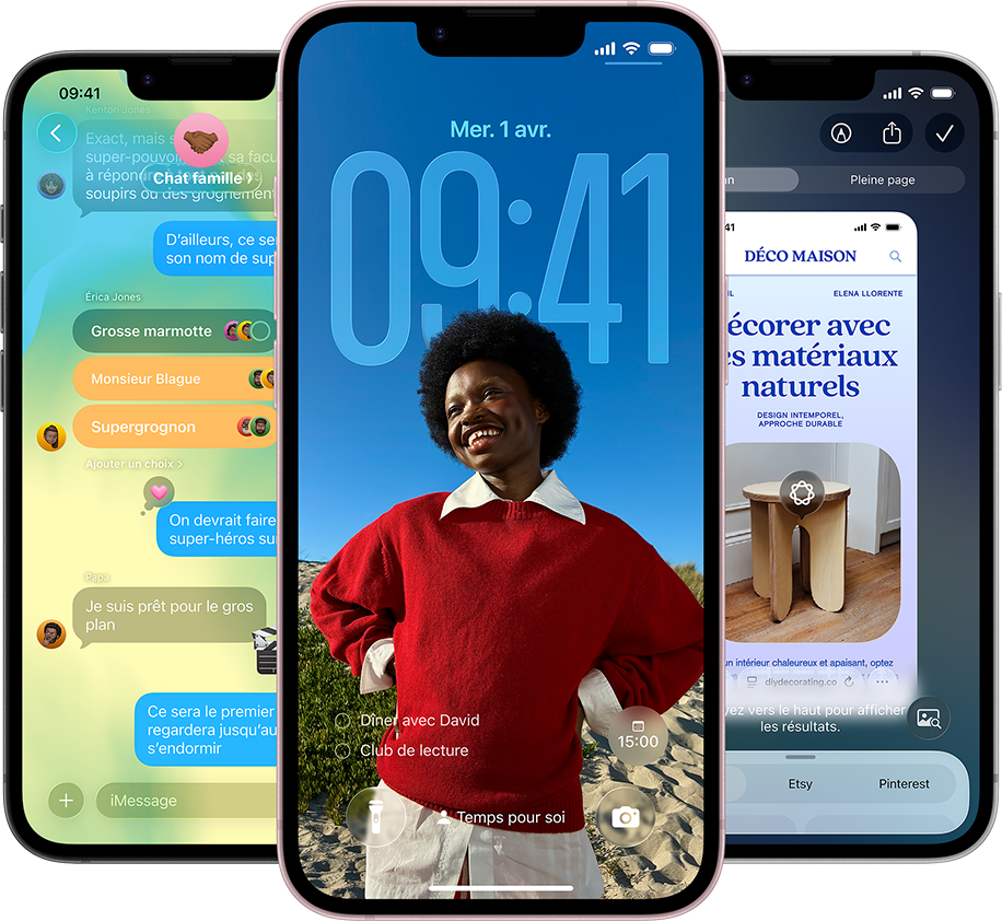 Trois iPhone&nbsp;17e affichant l&rsquo;app Messages avec le design Liquid&nbsp;Glass, l&rsquo;&eacute;cran verrouill&eacute; dynamique et Intelligence visuelle en cours d&rsquo;utilisation