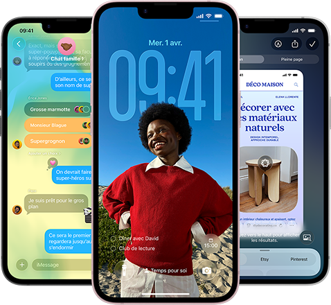 Trois iPhone&nbsp;17e affichant l&rsquo;app Messages avec le design Liquid&nbsp;Glass, l&rsquo;&eacute;cran verrouill&eacute; dynamique et Intelligence visuelle en cours d&rsquo;utilisation