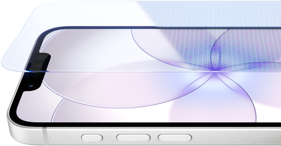 iPhone 17e, face avant avec Ceramic Shield 2, face latérale, coloris blanc, boutons : Action, réglage du volume