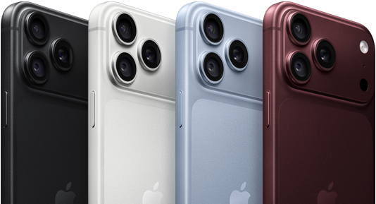 Plusieurs iPhone 18 Pro alignés, face arrière, dans les quatre finitions : bordeaux, glacier, argent, noir, système caméra Pro Fusion dans le coin supérieur gauche, 3 objectifs, micro, flash