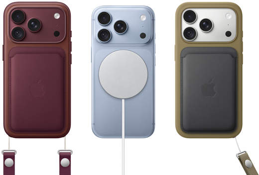 De gauche à droite, iPhone 18 Pro dans une coque en cuir bordeaux avec une dragonne bordeaux, iPhone 18 Pro au centre dans une coque glacier avec un chargeur MagSafe blanc connecté, iPhone 18 Pro argent à droite avec un porte-cartes en cuir vert et une dragonne.