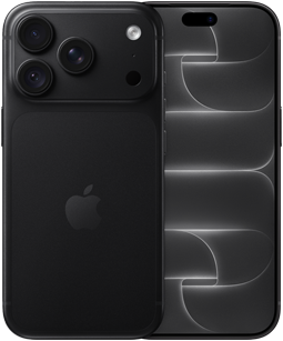 iPhone 18 Pro, face arrière, coloris noir, système caméra Pro Fusion au sommet, logo Apple au centre, face avant, design tout écran