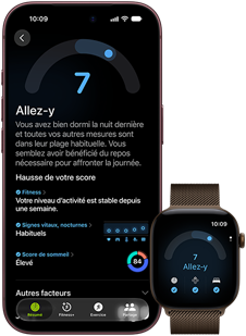 iPhone 18 Pro, noir, face avant, affichant le résultat du statut Préparation (score de 7), jumelé à une Apple Watch, de face, marron, affichant le même score Préparation de 7