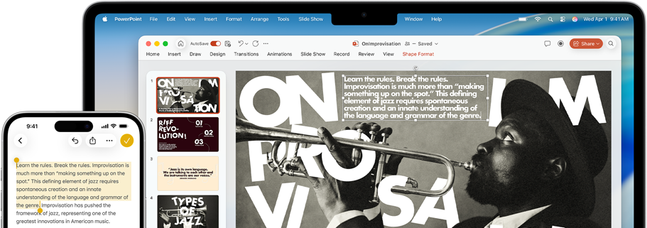 iPhone 16 Plus avec du texte surligné dans l’app Notes, MacBook Air avec une diapositive Keynote ouverte, le texte de l’app Notes est visible sur la diapositive