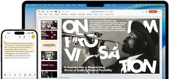iPhone 16 Plus avec du texte surligné dans l’app Notes, MacBook Air avec une diapositive Keynote ouverte, le texte de l’app Notes est visible sur la diapositive