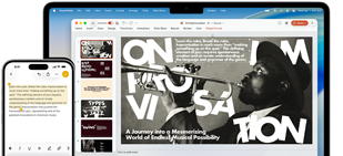 iPhone 16 Plus avec du texte surligné dans l’app Notes, MacBook Air avec une diapositive Keynote ouverte, le texte de l’app Notes est visible sur la diapositive