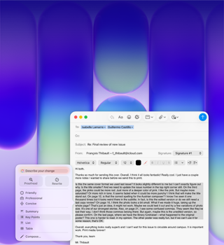 Écran de MacBook Neo, utilisant les Outils d’écriture d’Apple Intelligence dans Mail pour réviser un long paragraphe d’un e-mail contenant des commentaires sur une publication