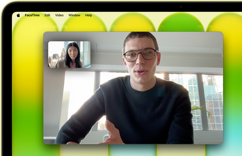 MacBook Neo, couleur jaune agrume, appel vidéo à l’écran, fonctionnalité Cadre centré qui maintient la personne dans le cadre