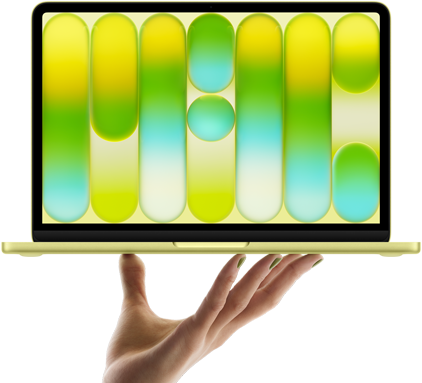 MacBook Neo couleur jaune agrume, en équilibre sur le bout des doigts d’une main ouverte, écran affichant un motif abstrait coloré