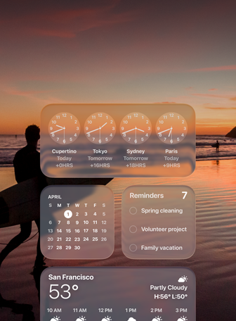 Écran macOS Tahoe affichant les widgets Horloge, Calendrier, Rappels et Météo en Liquid Glass avec en arrière-plan un surfeur marchant sur la plage au coucher du soleil